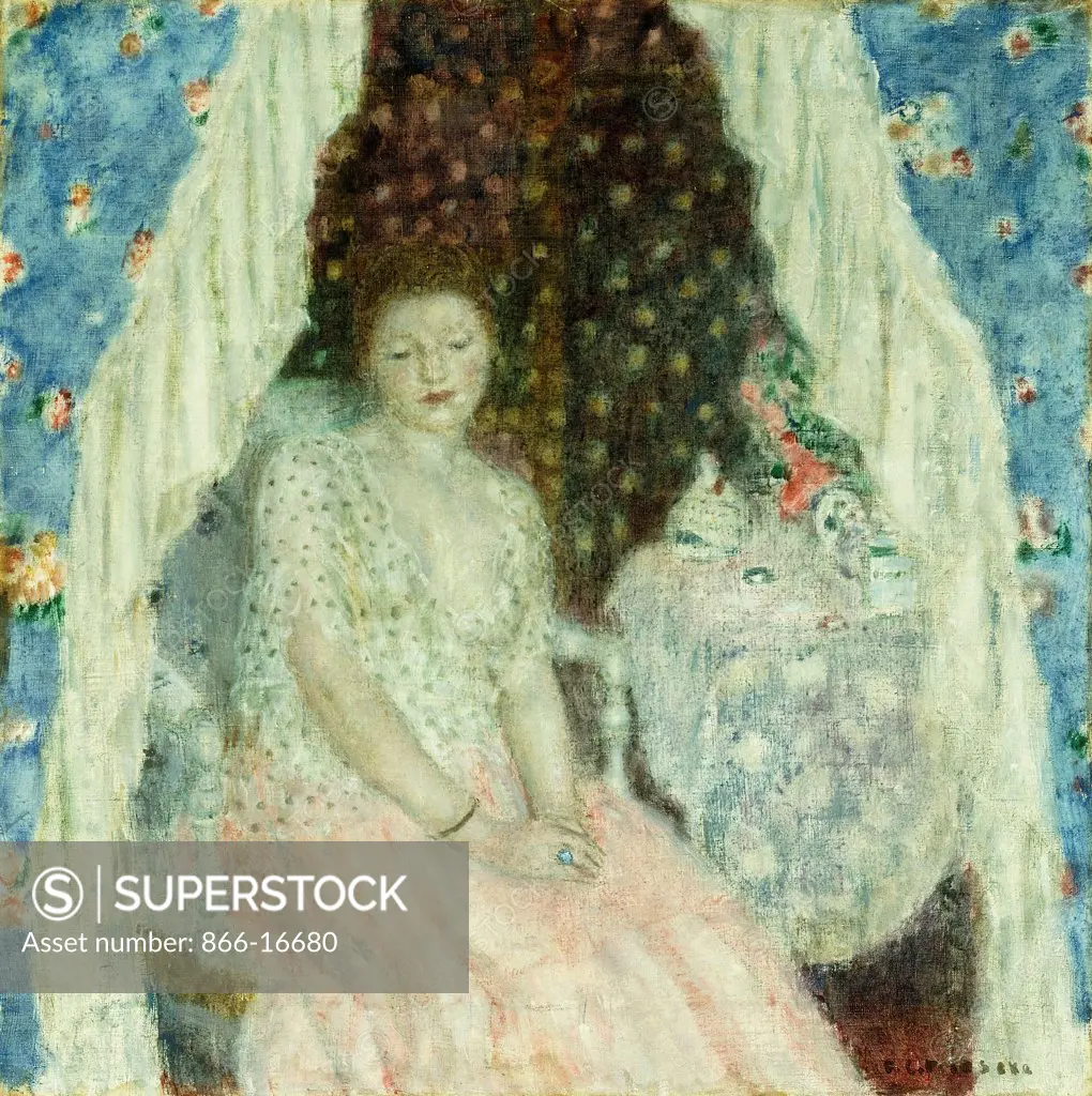 Study for 'Blue Curtains'. Frederick Carl Frieseke (1874-1939). Oil on canvas. Painted circa 1924. 60 x 60cm.
