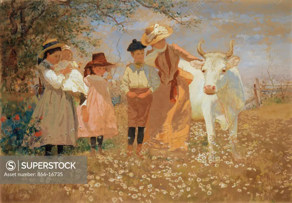 Family Group with Cow.  Louis Comfort Tiffany (1848-1933). Gouache and watercolour on paper. Painted circa 1888. 51.3 x 72.9cm.