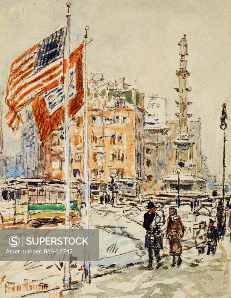 Flags, Columbus Circle. Frederick Childe Hassam (1859-1935). Watercolour and charcoal on paper. Painted in 1918. 22.3 x 17.2cm.