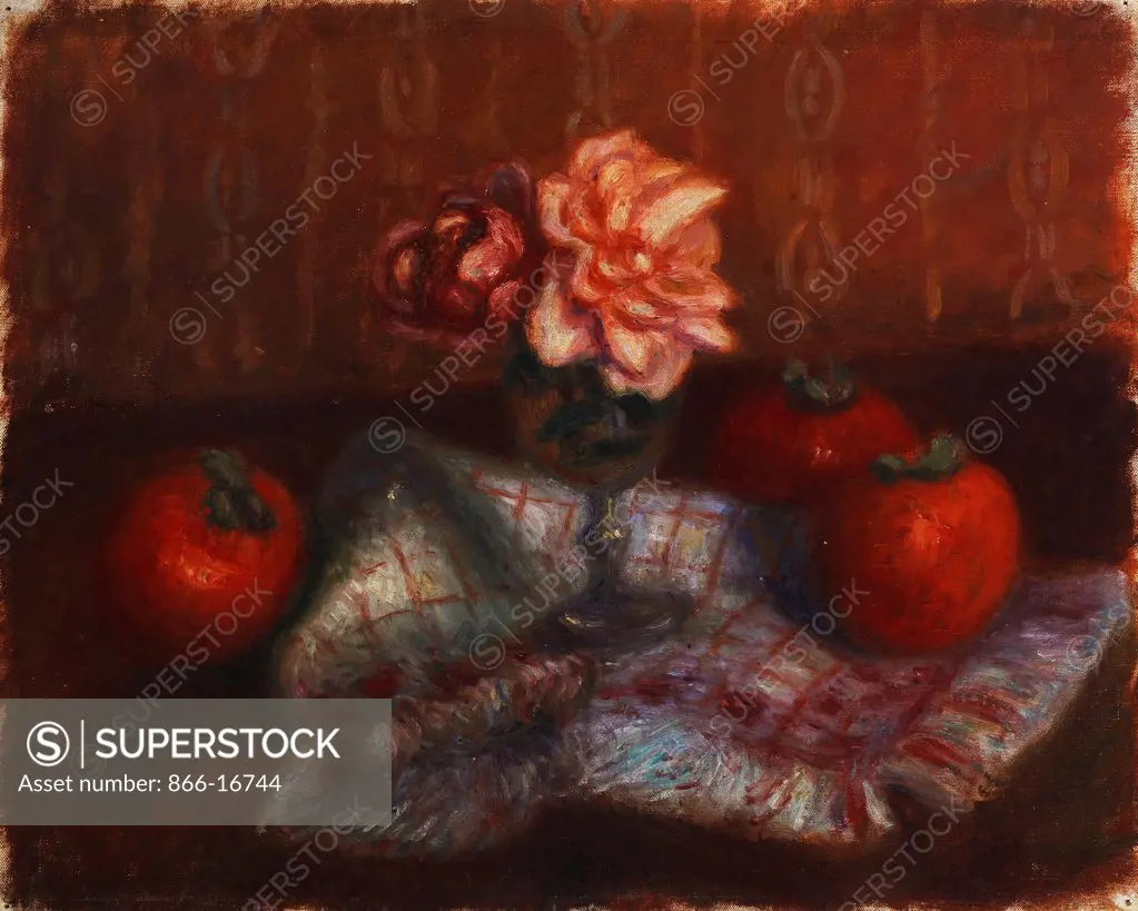 Roses and Persimmons. William James Glackens (1870-1938). Oil on canvasboard. 32.8 x 40.6cm.