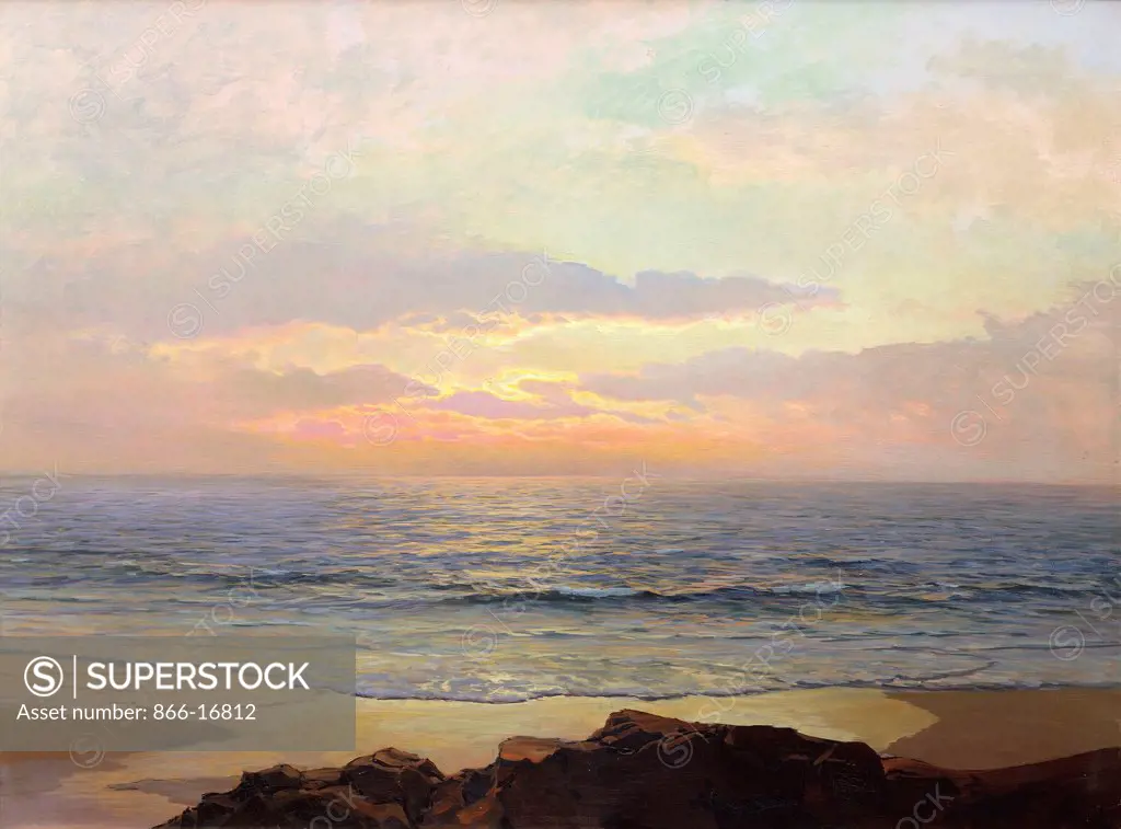 Placid Sunset. Frederick Judd Waugh (1861-1940). Oil on masonite. 45.5 x 101.5cm.