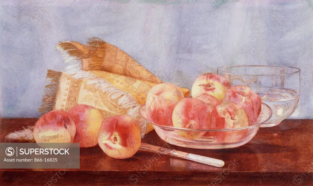 Still-life with Peaches. Claude Raguet Hirst (1855-1942). Watercolour on paper. 28.5 x 45.5cm.
