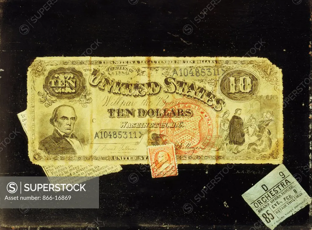 The Ten Dollar Bill. Nicholas Alden Brooks (1840-1904). Oil on panel. 17.5 x 23cm.