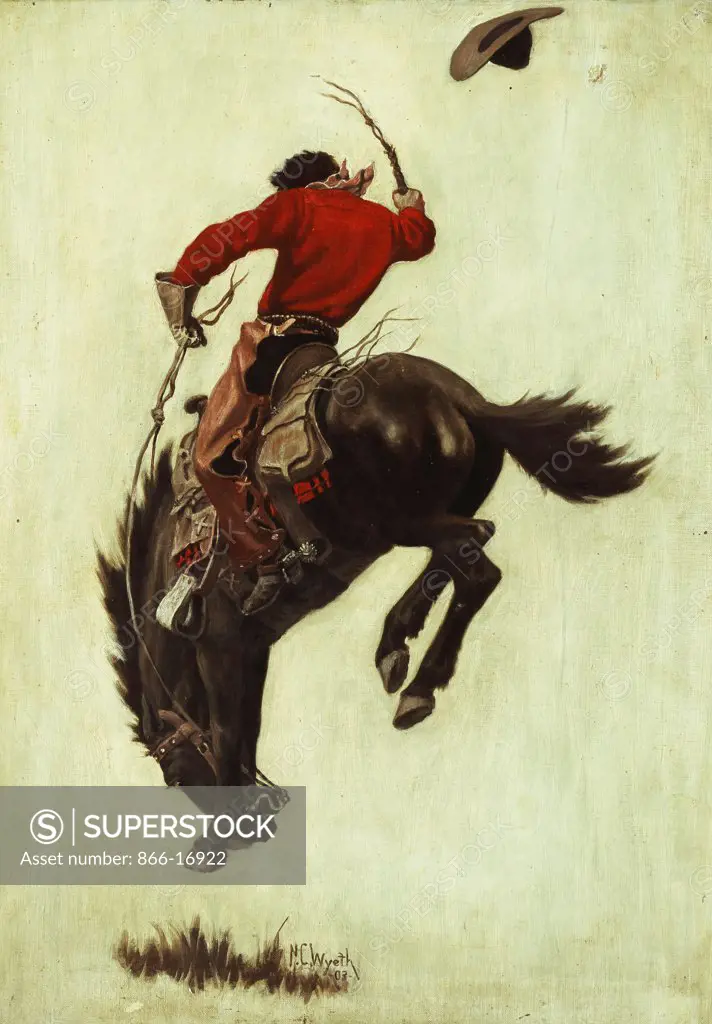 Bucking Bronco. Newell Convers Wyeth (1882-1945). Oil on canvas laid down on masonite. Signed and dated 1903. 70.4 x 49.5cm.