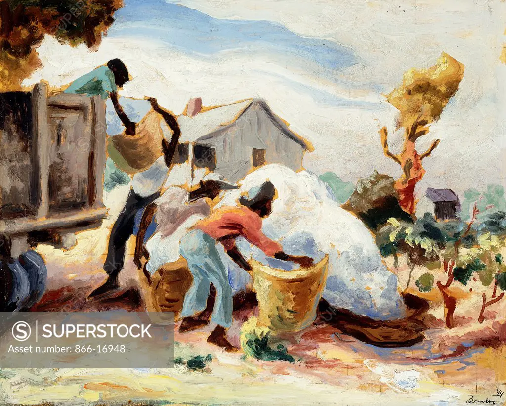 Cotton Pickers. Thomas Hart Benton (1889-1975). Oil and pencil on paper. Painted in 1944. 21 x 26cm.