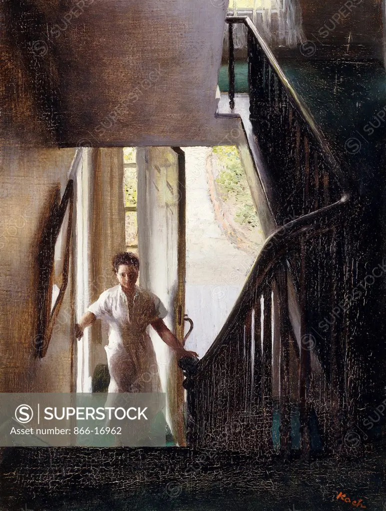 On the Stairs. John Koch (1909-1978). Oil on canvas. 31.7 x 24.2cm.
