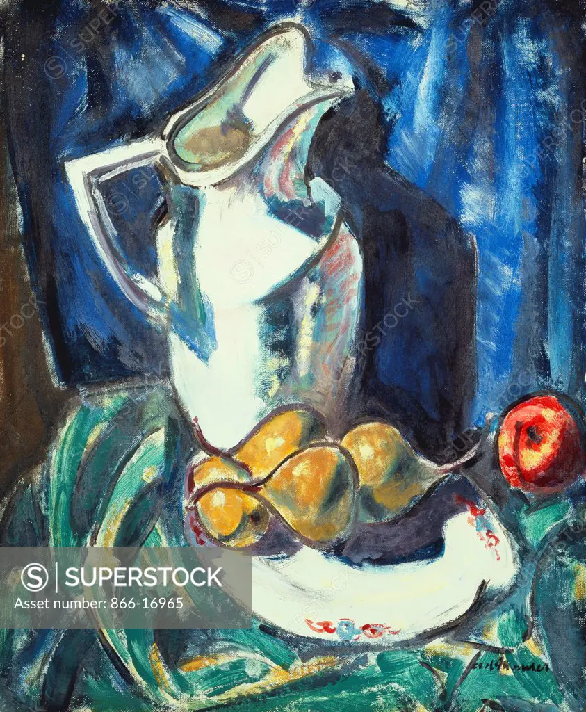 Still Life with White Pitcher and Fruit. Alfred Henry Maurer (1868-1932).  Oil and gouache on board. 55.6 x 46cm