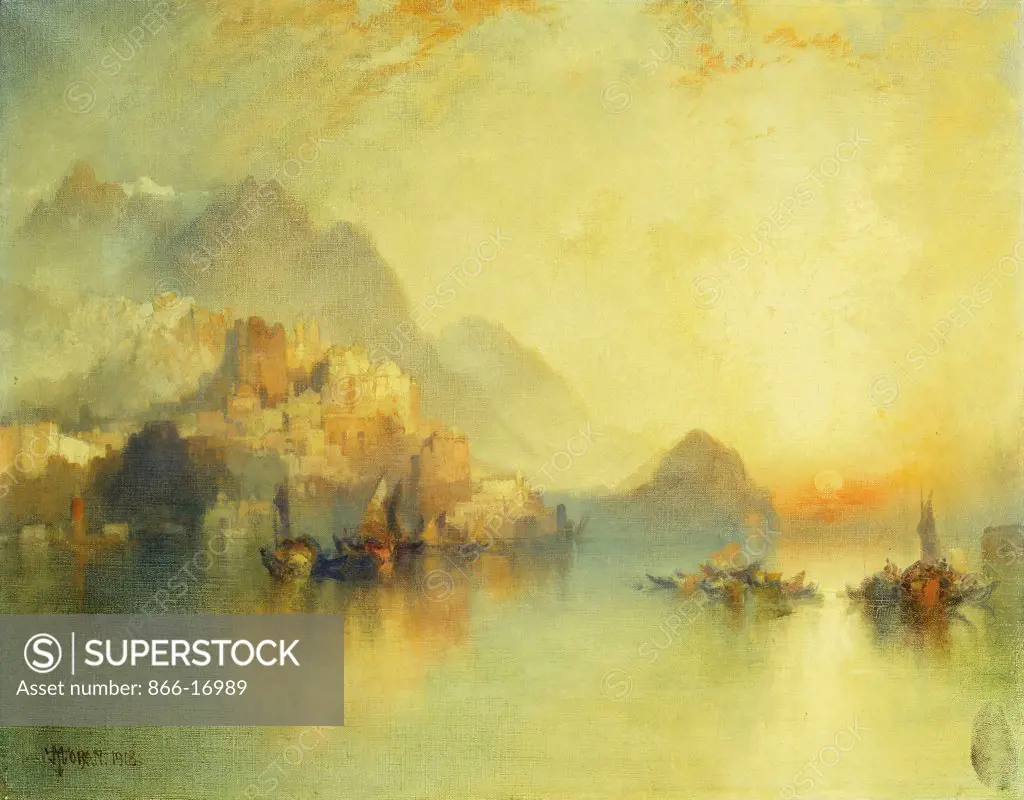 A Hillside Village at Sunset. Thomas Moran (1837-1926). Oil on canvas. Painted in 1918. 31.2 x 38.3cm.