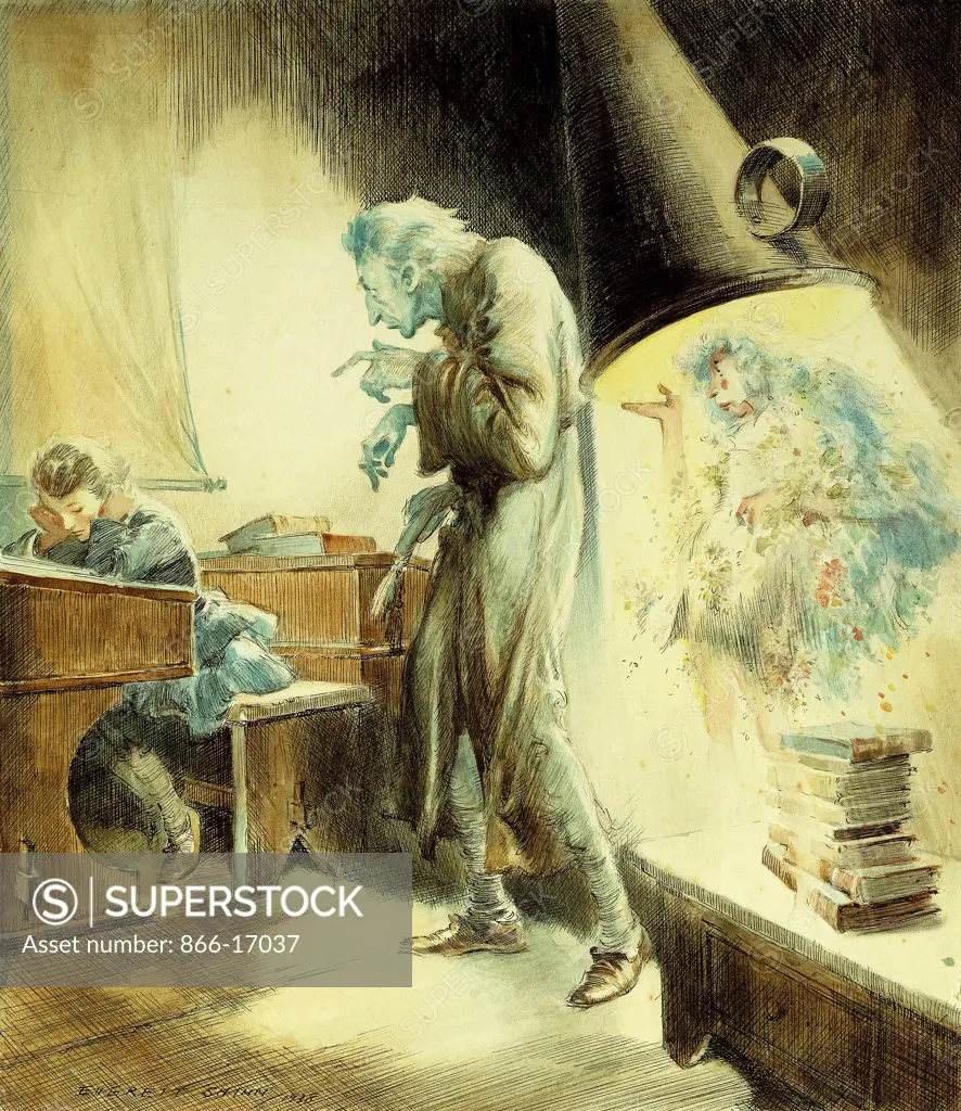 The Ghost of Christmas Past: Scrooge at the Schoolhouse. Everett Shinn (1876-1953). Watercolour, pen and black ink and pencil on board. Painted in 1938. 44.5 x 38.2cm.