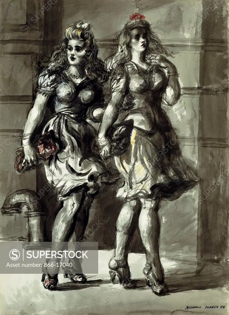 Two Young Women Walking. Reginald Marsh (1898-1954). Brush and ink wash and watercolour on paper. Painted in 1944. 78 x 56.8cm.