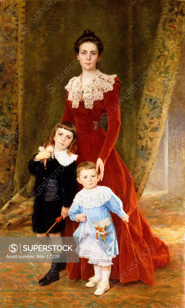 Portrait of a Lady, standing full length, with her Children. Timoleon-Marie Lobrichon (1831-1914). Oil on canvas. 210.5 x 129.5cm.
