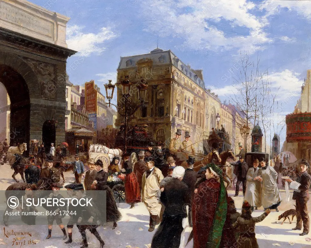 Les Grands Boulevards, La Porte St. Martin, Paris. Emil Lindemann (1864-1939). Oil on canvas. Signed and dated 1891. 59 x 73cm.