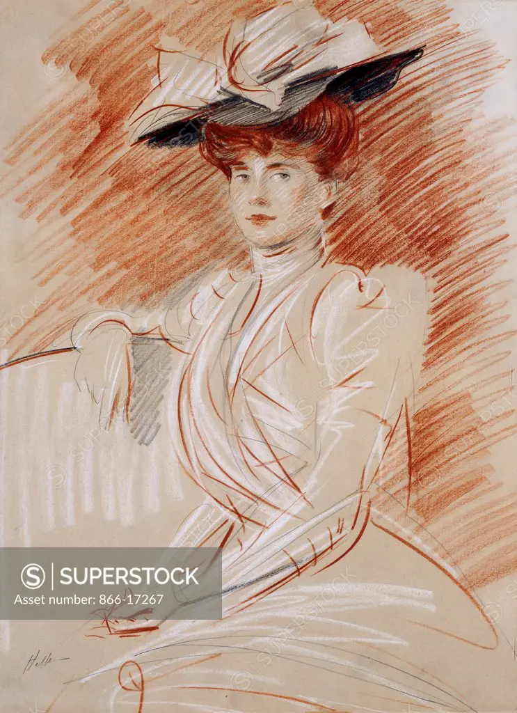 Madame Helleu au Chapeau. Paul Cesar Helleu (1859-1927). Pencil and coloured chalks on paper. 63 x 44.5cm.