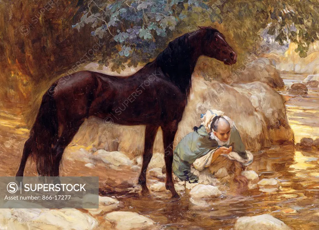 An Arab watering his Horse by a River. Frederick Arthur Bridgman (1847-1928). Oil on canvas. Painted circa 1890-1900. 73.7 x 97.7cm.