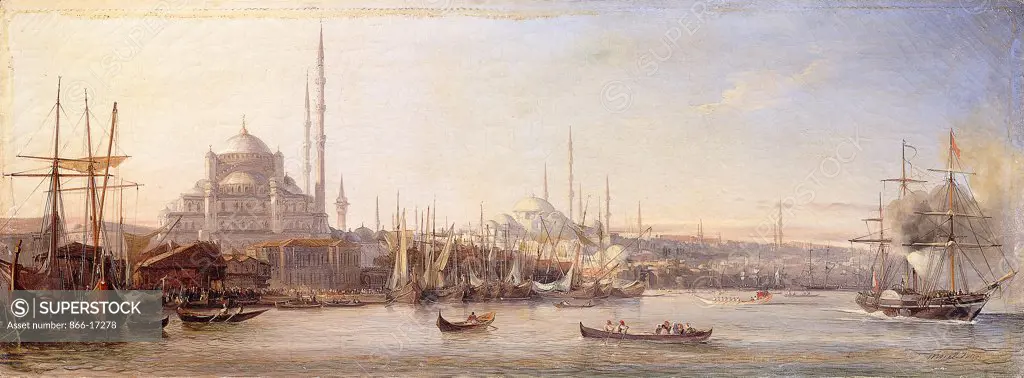 The Golden Horn with The Suleimaniye and The Faith Mosques, Constantinople. Antoine-Leon Morel-Fatio (1810-1871). Oil on canvas. 46 x 123.3cm.