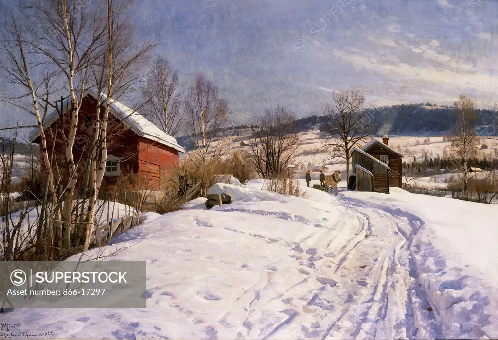 A Winter Landscape, Lillehammer. Peder Monsted (1859-1941). Oil on canvas. Dated 1922. 60.5 x 101cm