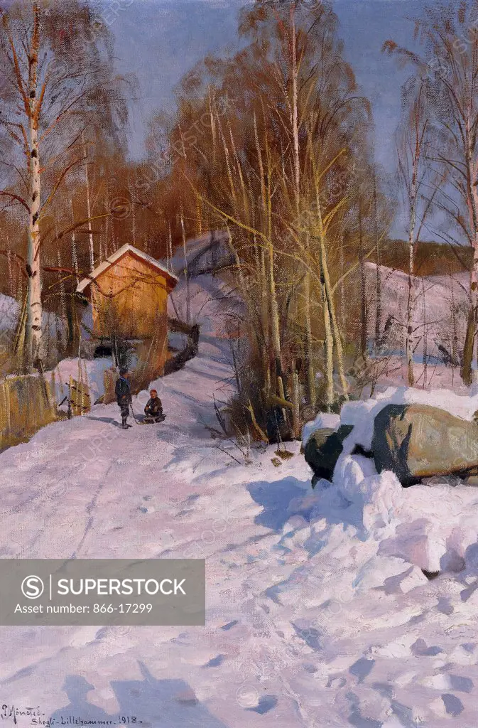 A Winter Landscape with Children Sledging. Peder Monsted (1859-1941). Oil on canvas. Painted in 1918. 68.9 x 48.4cm.