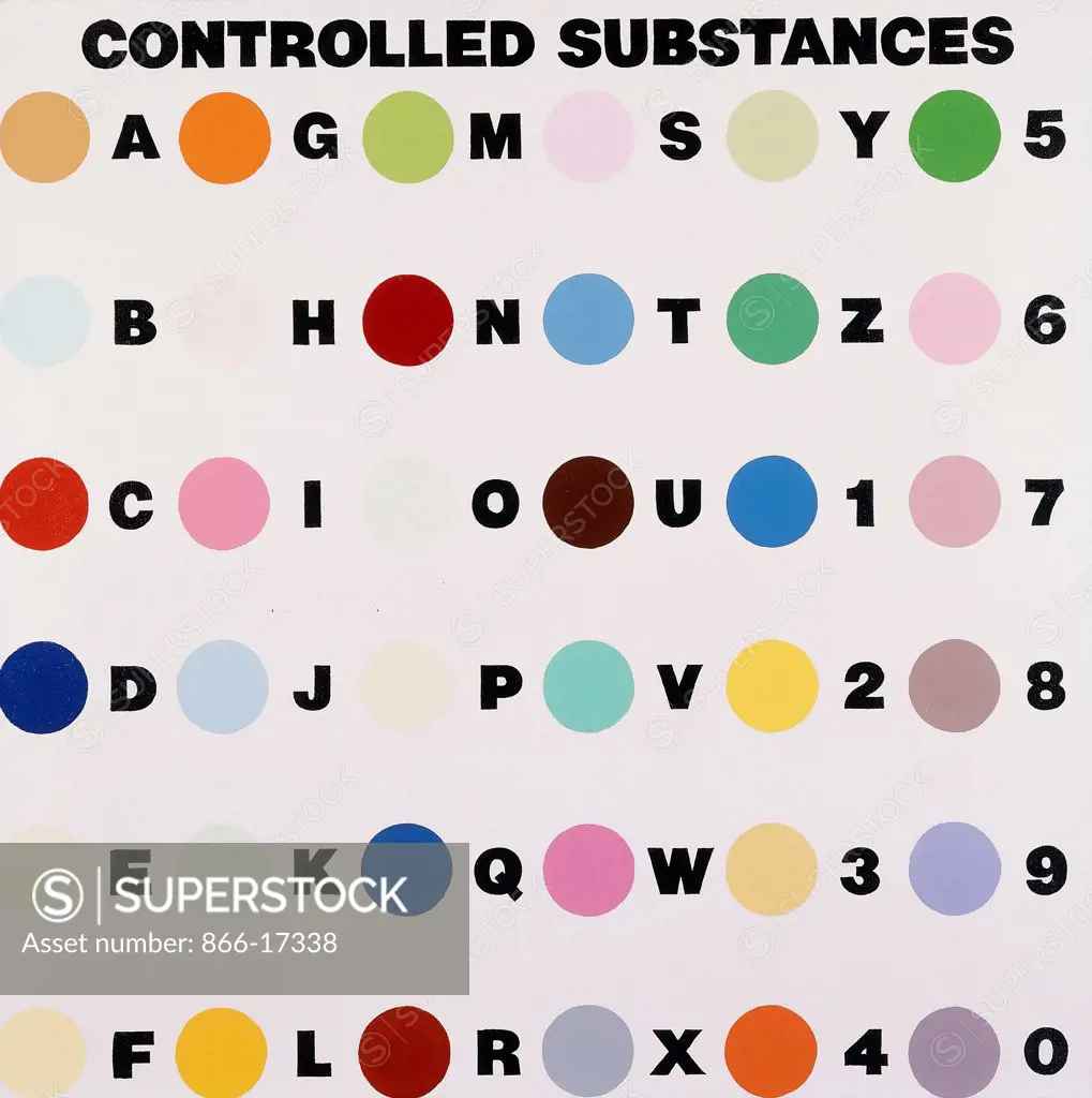 Controlled Substances key Painting 3 Spot. Damien Hirst (b.1965). Gloss houshold paint on canvas. Executed in 1994. 91.7 x 91.7cm.