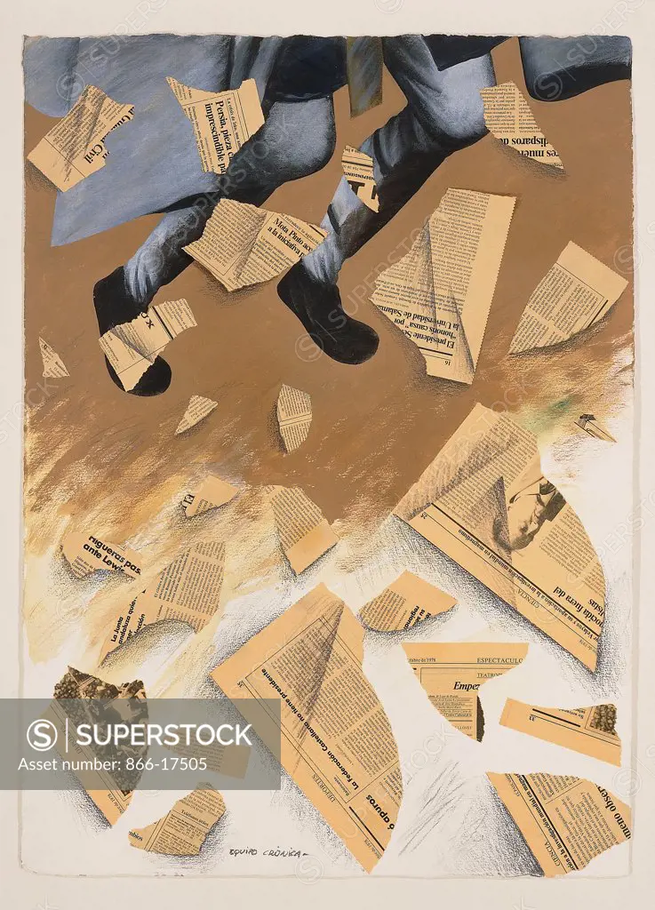 La Noticia; The News. Equipo Cronica (Rafael Solbes, 1940-1981; Manolo Valdes, b.1942). Gouache, pastel, charcoal and newspaper collage on paper. Executed in 1978. 76.7 x 56.5cm.