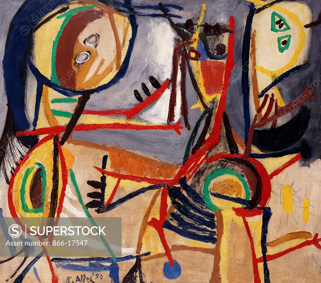 Character and Horses; Personnage et Chevaux. Karel Appel (1921-2006). Oil on canvas. Signed and dated 1950. 88 x 100cm.