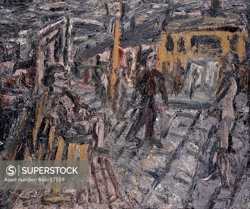 Bus Stop, Willesden. Leon Kossoff (Born 1926). Oil on board. Painted in 1983. 107.3 x 127.7cm.