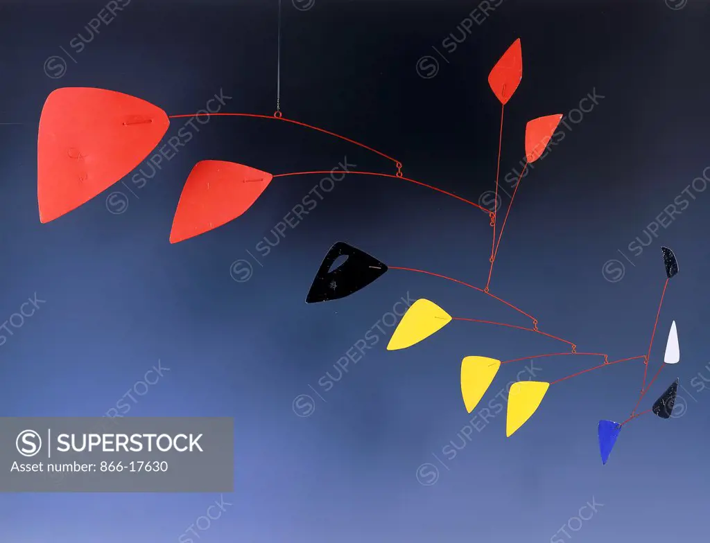 Mobile.  Alexander Calder (1898-1976). Painted sheet metal and rod. Created in 1962. Approx height; 100.3cm, approx span; 160cm.