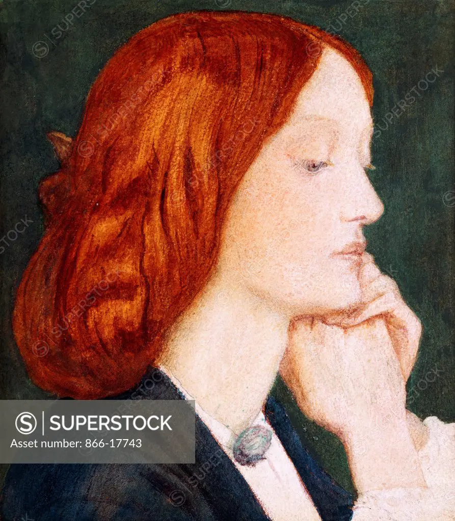 Portrait of Elizabeth Siddal, in Profile to the Right. Dante Gabriel Rossetti (1828-1882). Watercolour. 18.1 x 16.1cm. Painting is of Rossetti's favourite model who later became his wife in 1860.