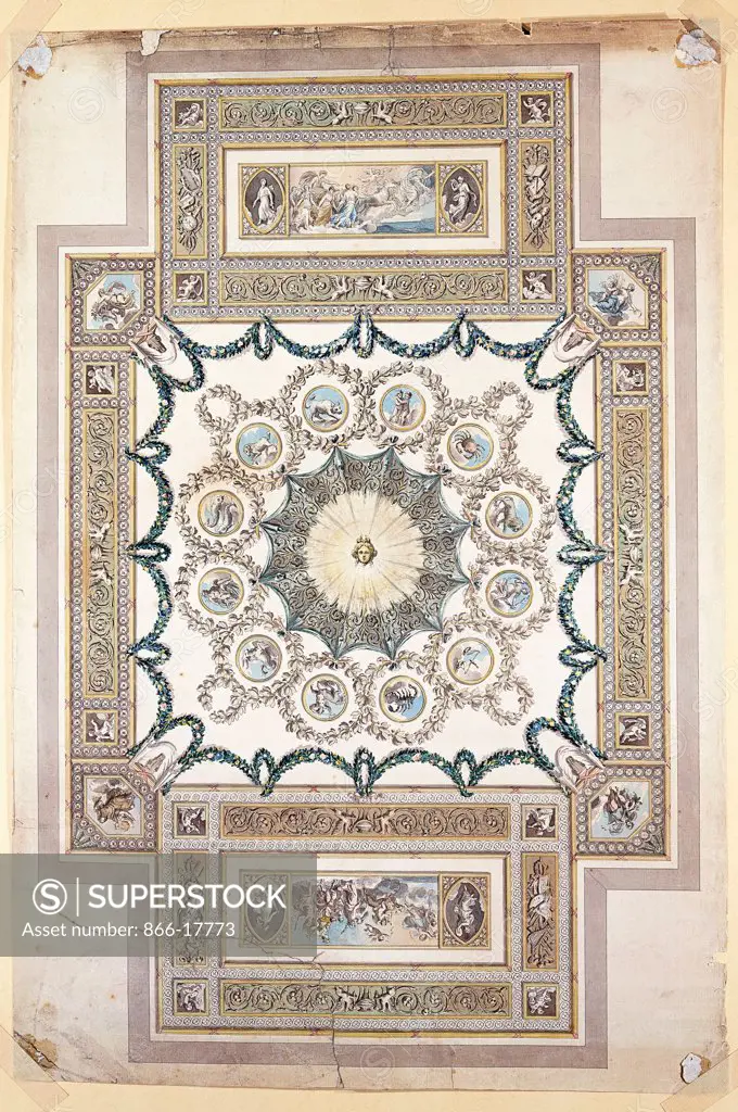 Design for the Library Ceiling at Woburn Abbey. Sir William Chambers (1723-1796). Pen and grey ink and watercolour. 69.7 x 47.1cm.