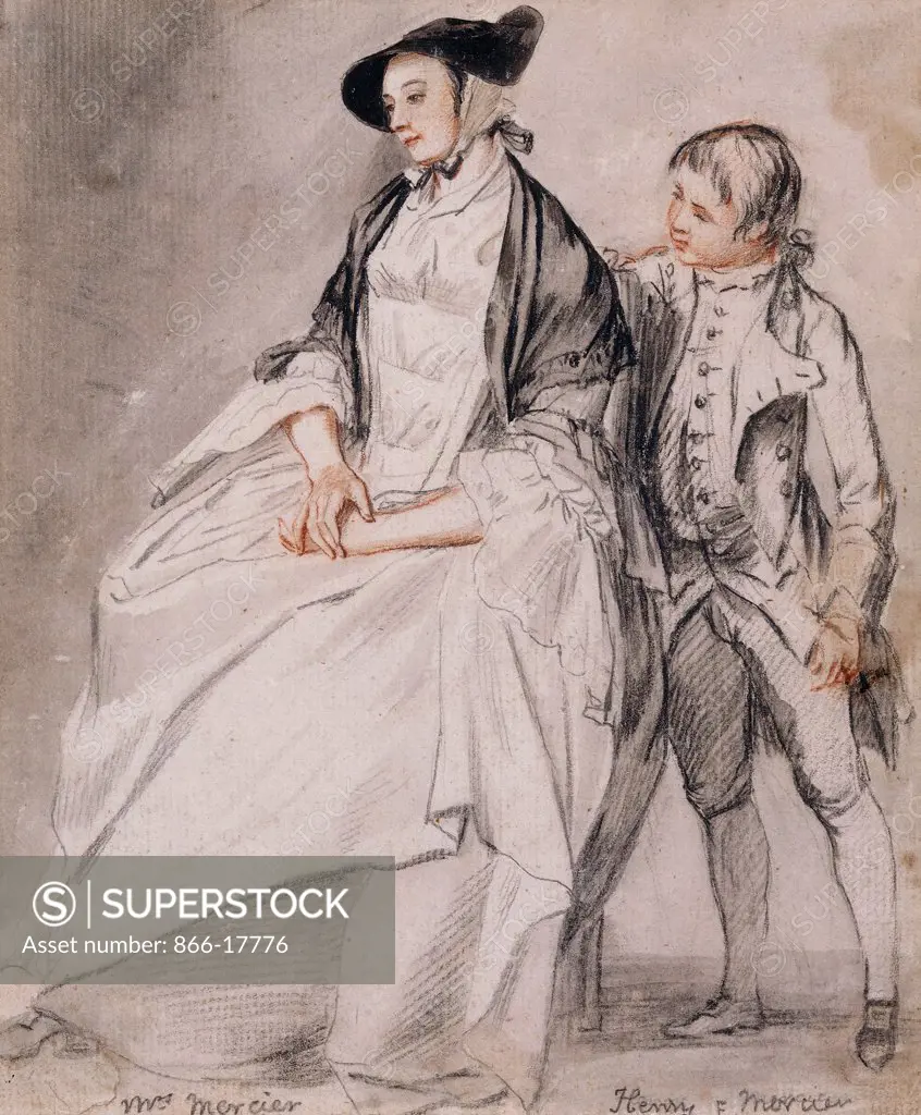 Study of Mrs Mercier seated in a Chair, and her youngest son, Henry Mercier standing behind her. Paul Sandby (1725-1809). Pencil, black and red chalk with grey wash. 17.2 x 14.3cm.