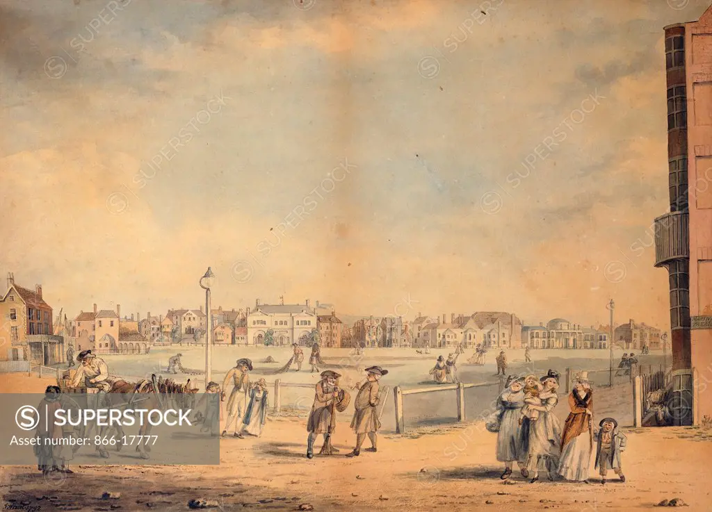 Brighton, showing Miss Widgett's circulating Library, Marlborough House, the Castle Inn and Assembly Rooms and the Marine Pavilion. John Nixon (1760-1818). Pencil, pen and grey ink and watercolour. Signed and dated 1792. 40 x 55.3cm.