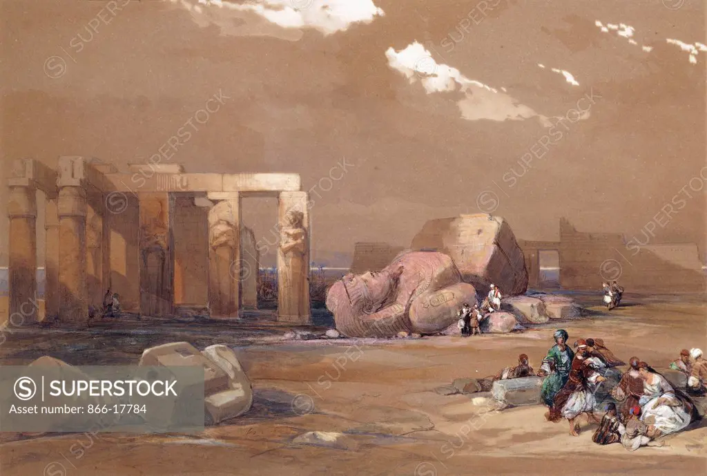 Fragments of the Great Colossi at the Memnonium, Thebes. David Roberts (1796-1864). Pencil and watercolour. 34 x 49.5cm.