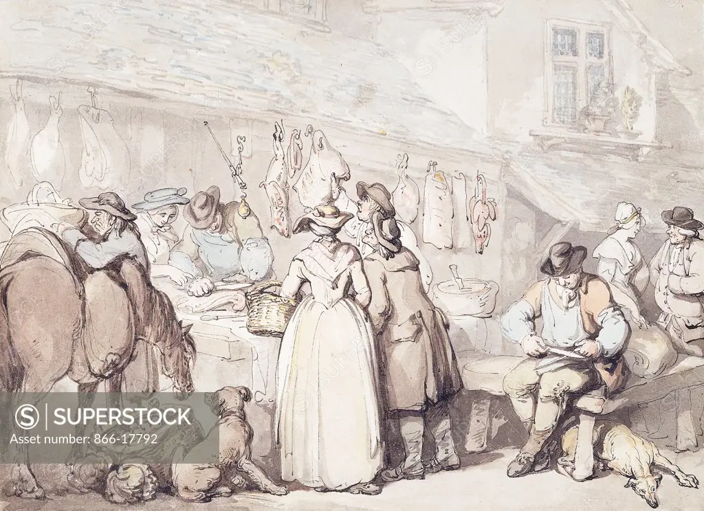 The Butchers Stall, Leadenhall Market. Thomas Rowlandson (1756-1827). Pencil, pen and ink on mount. 22.9 x 29.5cm.