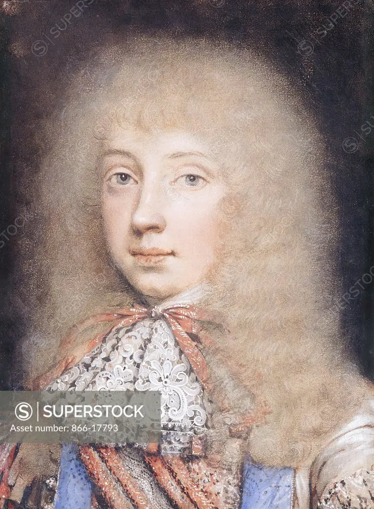 Portrait of Edward Stuart, Bust Length, with Flowing Hair and Lace Stock. Edmund Ashfield (ca. 1669- ca. 1700). Coloured chalks and bodycolour on buff paper. 28 x 21.5cm.
