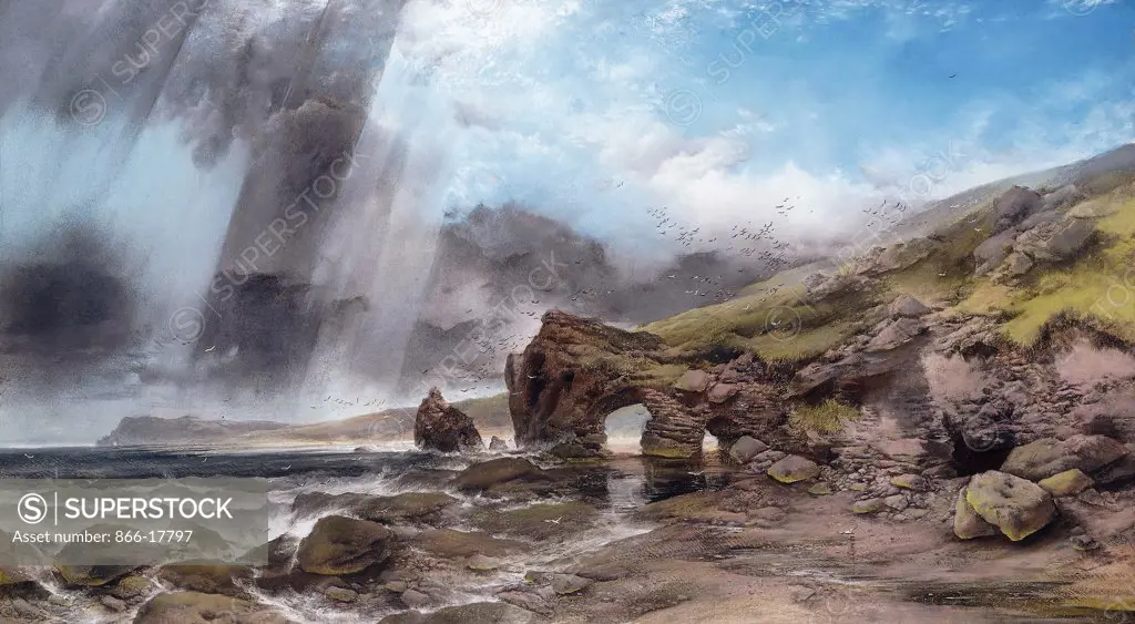 A Rocky Coastline at Padstow, Cornwall. Henry Bright (1814-1873). Pastel. 60.3 x 107.4cm.