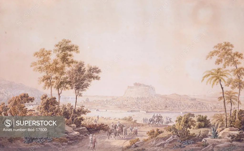 Figures Approaching the City of Athens, Greece. English School, circa 1800. Pencil, pen and ink and watercolour. 41.3 x 66.1cm.