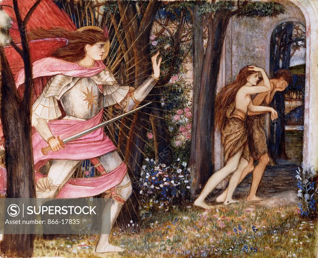 The Expulsion from the Garden of Eden. John Roddam Spencer Stanhope (1829-1908). Pencil, watercolour and bodycolour. Painted after 1877. 32.5 x 39.4cm.