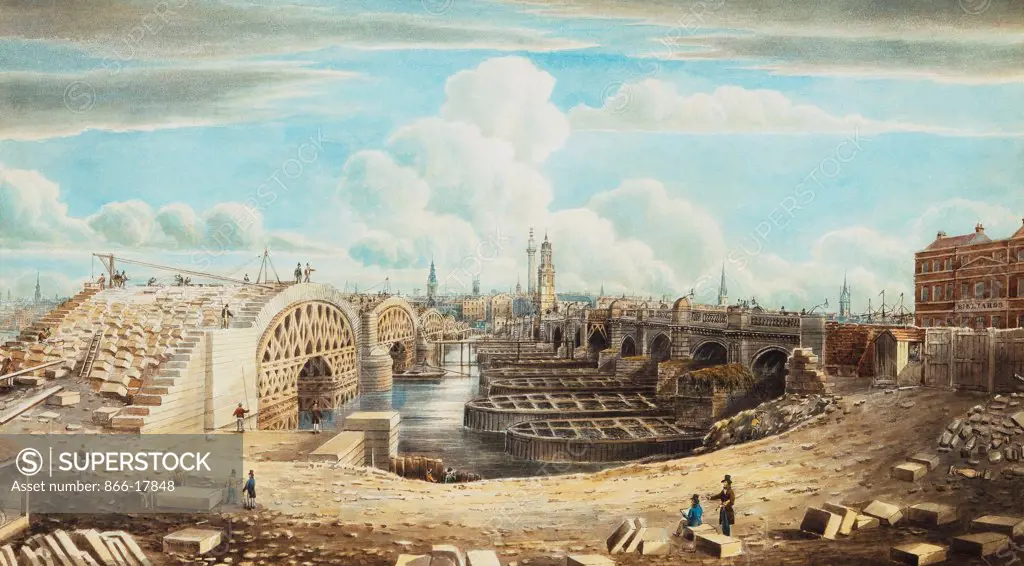 Rebuilding London Bridge. Gideon Yates (fl.1790-1840). Pencil, pen, ink and watercolour. 32.7 x 58.1cm.