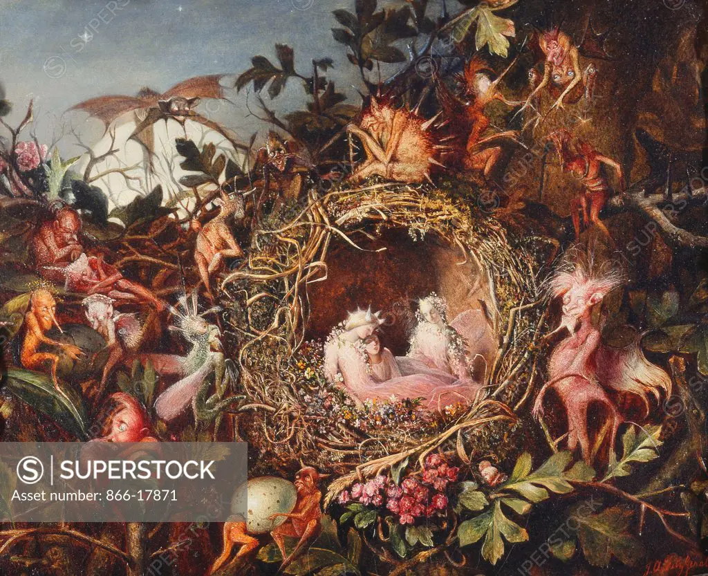 Fairies in a Bird's Nest. John Anster Fitzgerald (1832-1906). Oil on canvas. Painted circa 1860. 25 x 30.5cm.