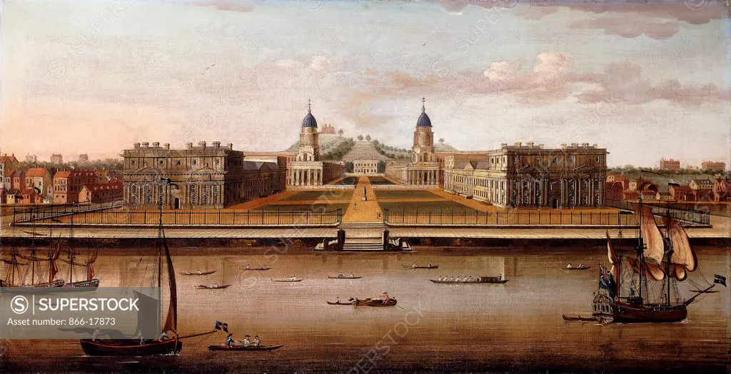 View of The Royal Hospital, Greenwich, from the Thames. Samuel Scott (c.1702-72). Oil on canvas. 57.8 x 110.5cm.
