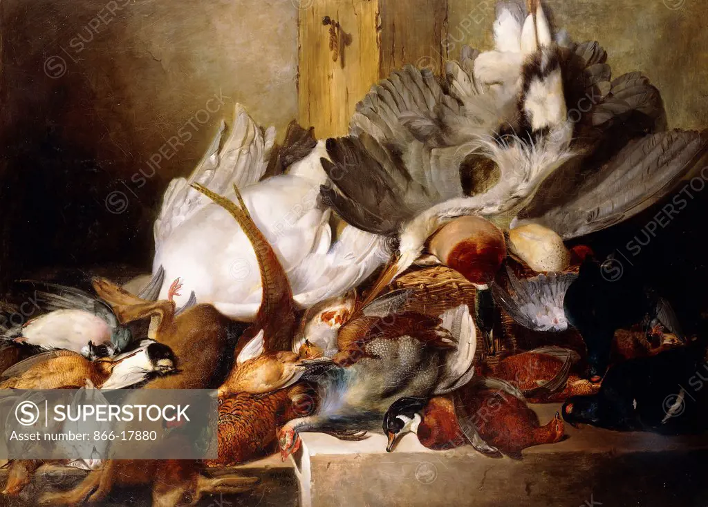 A Still Life of Dead Birds; A Heron Hanging from a Wall, Duck, Pheasant, Partridge, Woodcock, a Swan and a Pigeon with a Hare. W. Oakes (19th Century). Oil on canvas laid on board. Dated 1845. 111.7 x 152.4cm