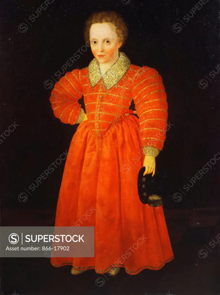Portrait of a Little Boy, standing full length wearing a Red Dress within a White Lace Collar, holding a Black Hat. Robert Peake the Elder (c.1551-1619). Oil on canvas. 125 x 94cm.