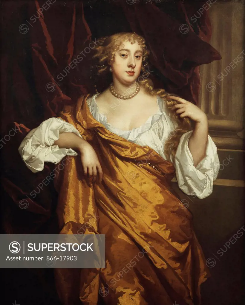 Portrait of the Hon. Mary Wharton, Standing three-quarter length, in a White Chemise and Yellow Robe by a Maroon Draped Column. Sir Peter Lely (1618-1680). 25.4 x 102.6cm.
