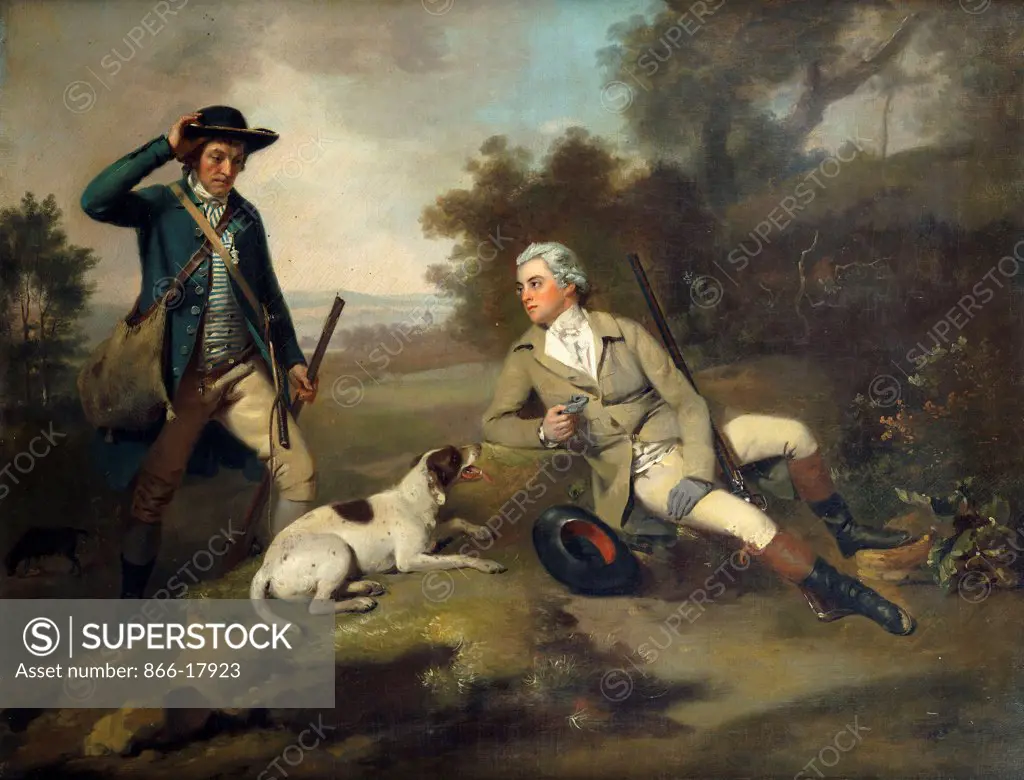 A Gentleman Reclining with a Gun and Dog and his Gamekeeper Standing Nearby. Henry Walton (1746-1813). Oil on canvas. 70.8 x 88.9cm