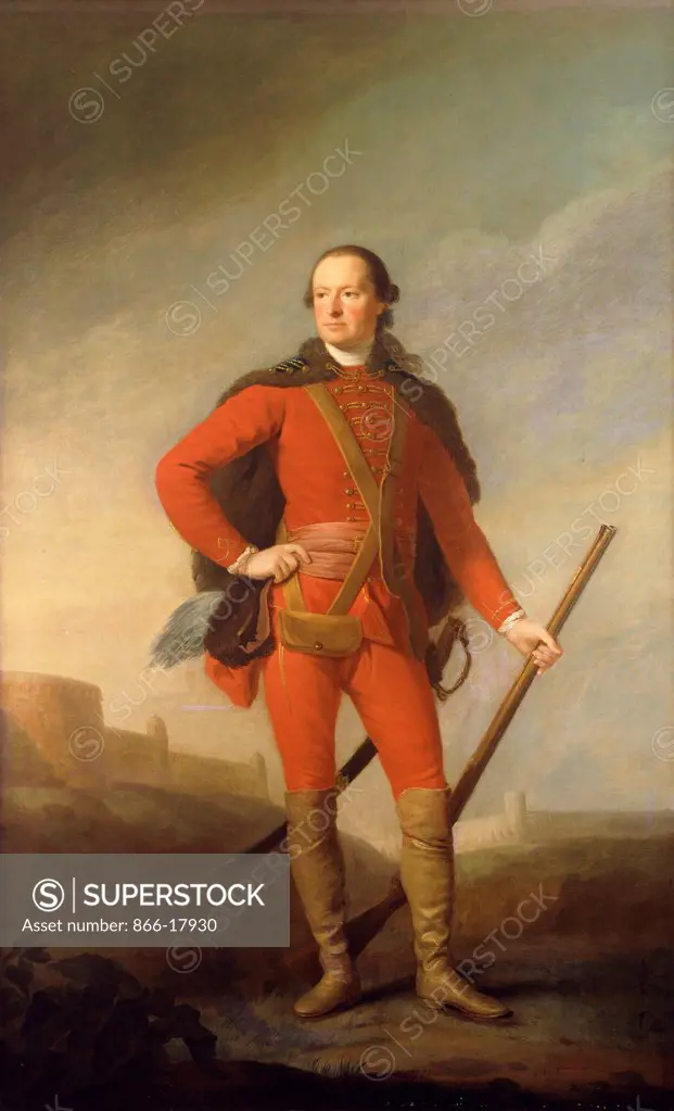 Portrait of Charles, 5th Earl of Elgin and 9th Earl of Kincardine, standing full length in a Scarlet Costume and Fur-Trimmed Cape Holding a Musket in a Romantic Landscape with a Castle Beyond. Allan Ramsay (1713-1784). Oil on canvas. 236.2 x 144.8cm