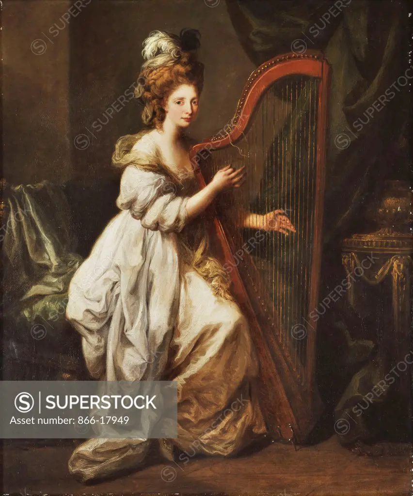 Portrait of Elizabeth Ewer, full-length, seated in a White Dress with a Yellow Shawl, Playing a Harp, in an Interior. Angelica Kauffmann (1741-1807). Oil on canvas. Painted circa 1768-73. 76.2 x 63.5cm.