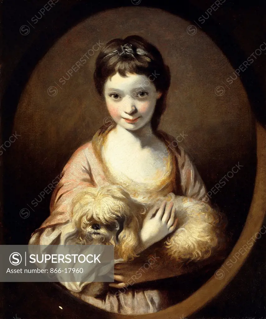Portrait of Miss Emilia Vansittart, half length, wearing a Pink and White Dress holding a Dog. Sir Joshua Reynolds (1723-1792). Oil on oval canvas. Dated circa 1767-68. 76 x 63cm. Emilia Vansittart (1758-1791), daughter of Henry Vansittart of Foxley, Berkshire. She married Edward Parry who later became director of the East India Company.