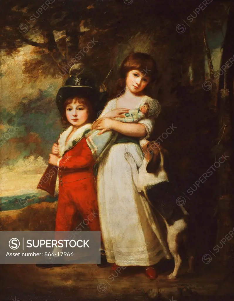 Portrait of the Vernon Children, the Little Girl Standing Full Length in a White Dress Tied with a Blue Sash, Holding a Doll, the Little Boy in a Red Jacket and Breeches, a White Shirt and Dark Green Hat, Holding a Gun, with a Dog Beside Them, in a Wooded Landscape. George Romney (1734-1802). Oil on canvas. 151.1 x 116.8cm.