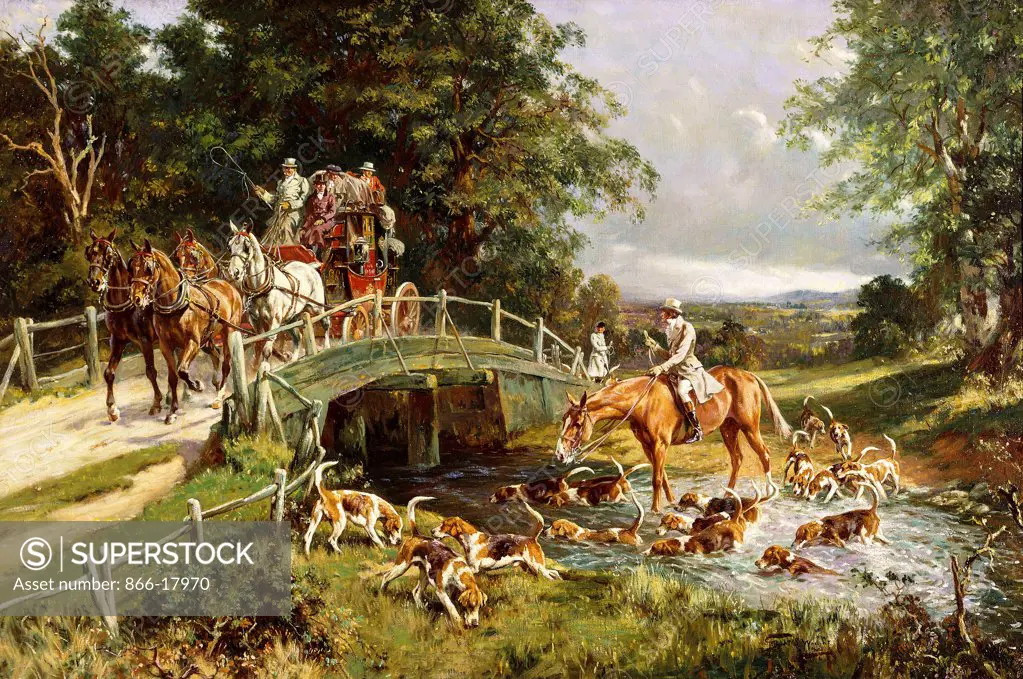 Huntsman Exercising Hounds by a River, with a Royal Mail Coach Crossing a Bridge Beyond. Gilbert Scott Wright (1880-1958). Oil on canvas. 59.7 x 90.2cm.