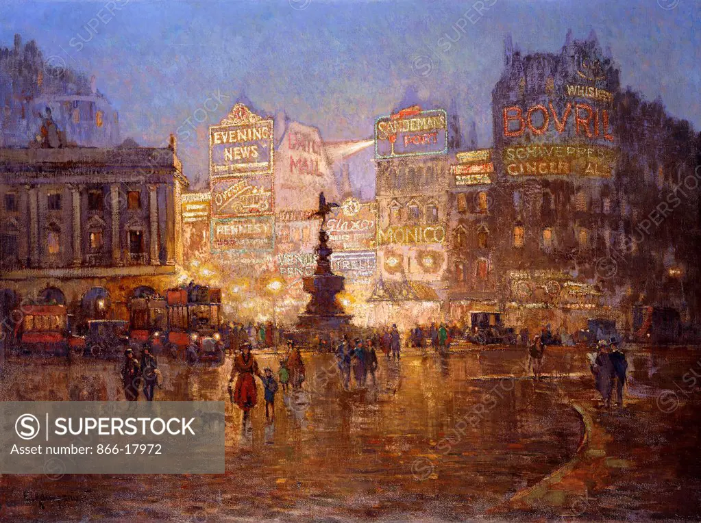 Piccadilly Circus at night, circa 1920. Ernest Llewellyn Hampshire (1882-1994). Oil on canvas. 76.6 x 101.7cm.