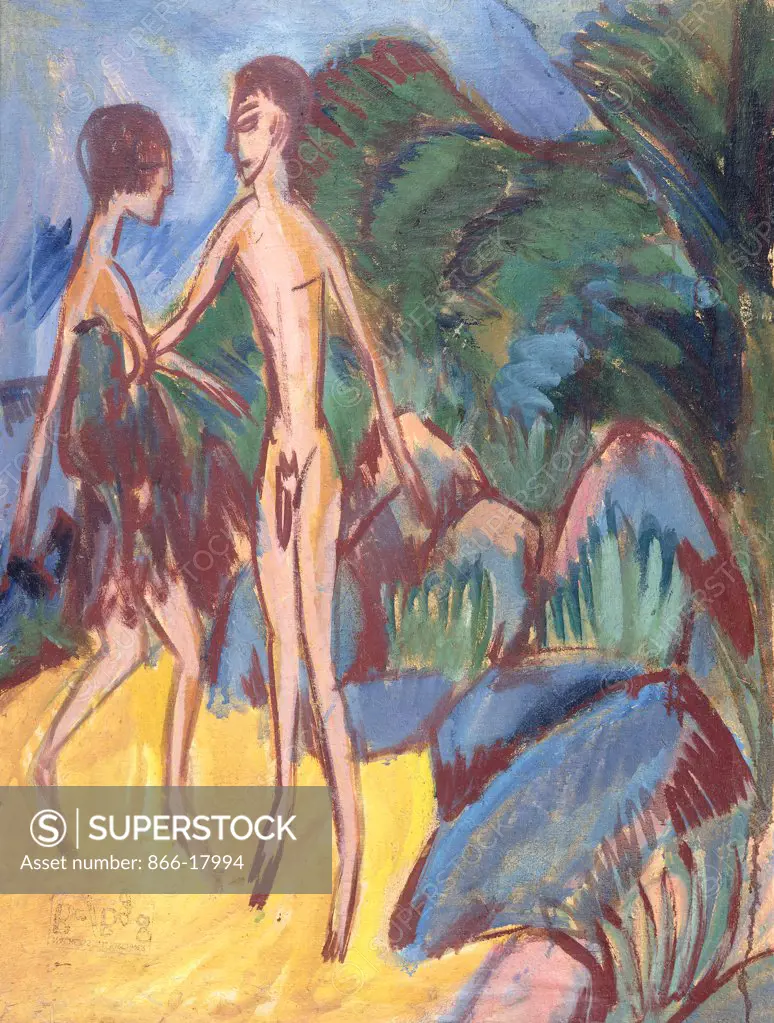 Youth and Naked Girl on Beach; Nackter Jungling und Madchen am Strand. Ernst Ludwig Kirchner (1880-1938). Oil on canvas. Painted in 1913. 101.6 x 75cm.